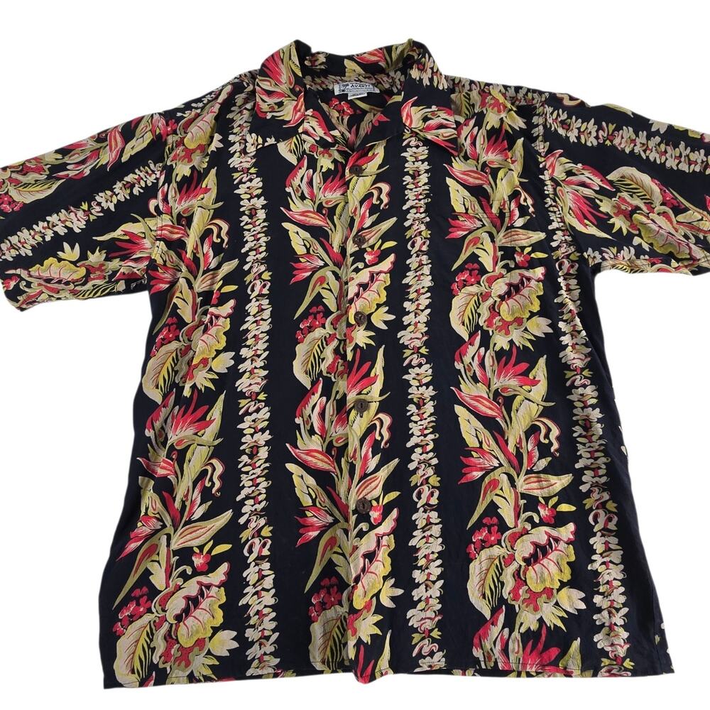 VTG Avanti Mens 100% Silk Hawaiian Button Up Aloha Shirt Size XL Black Floral